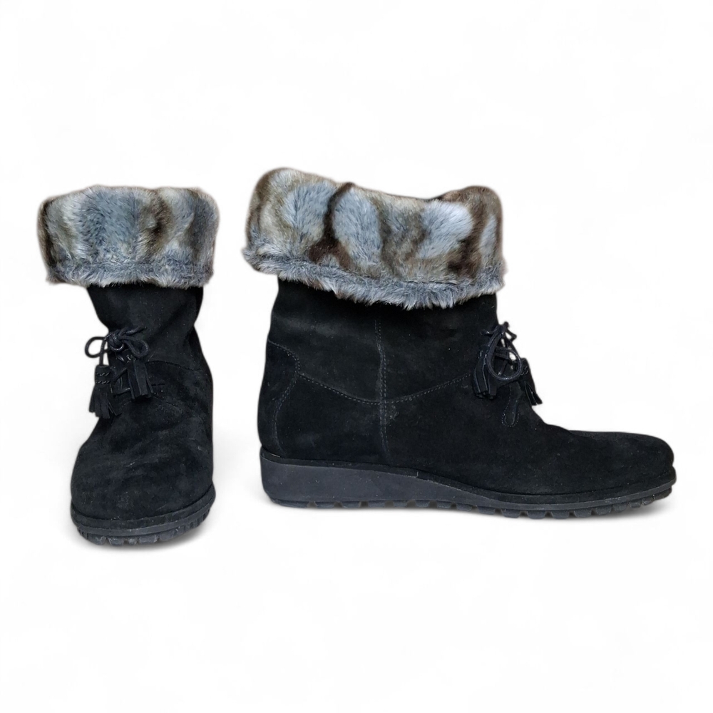 Stuart Weitzman Women's Black Suede Fur-Lined Mid Calf Lace-Up Boots Size 7 M